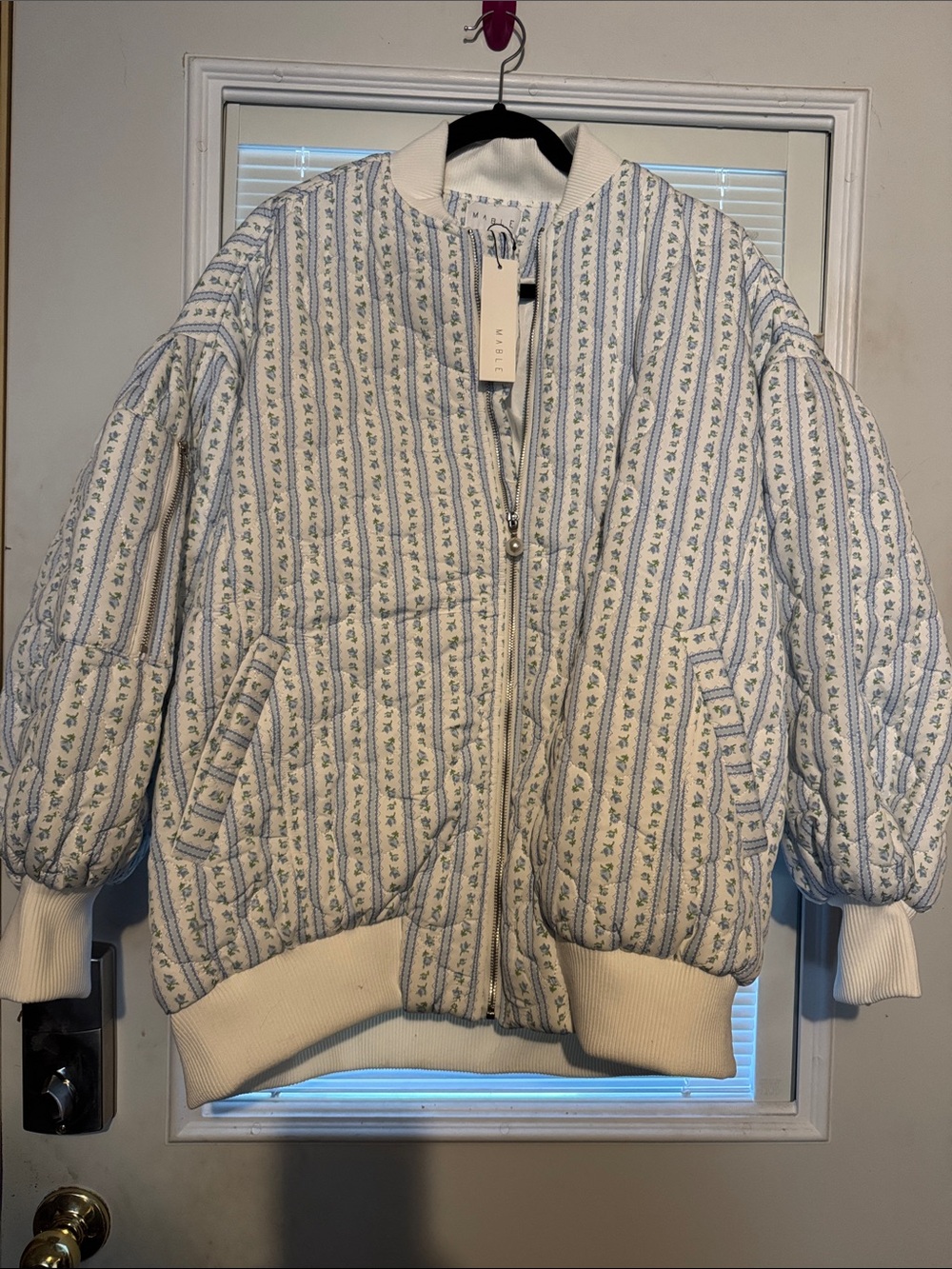 Mable Quilted Stripe Bomber Jacket in Cream and Light Blue - Picture 2 of 5
